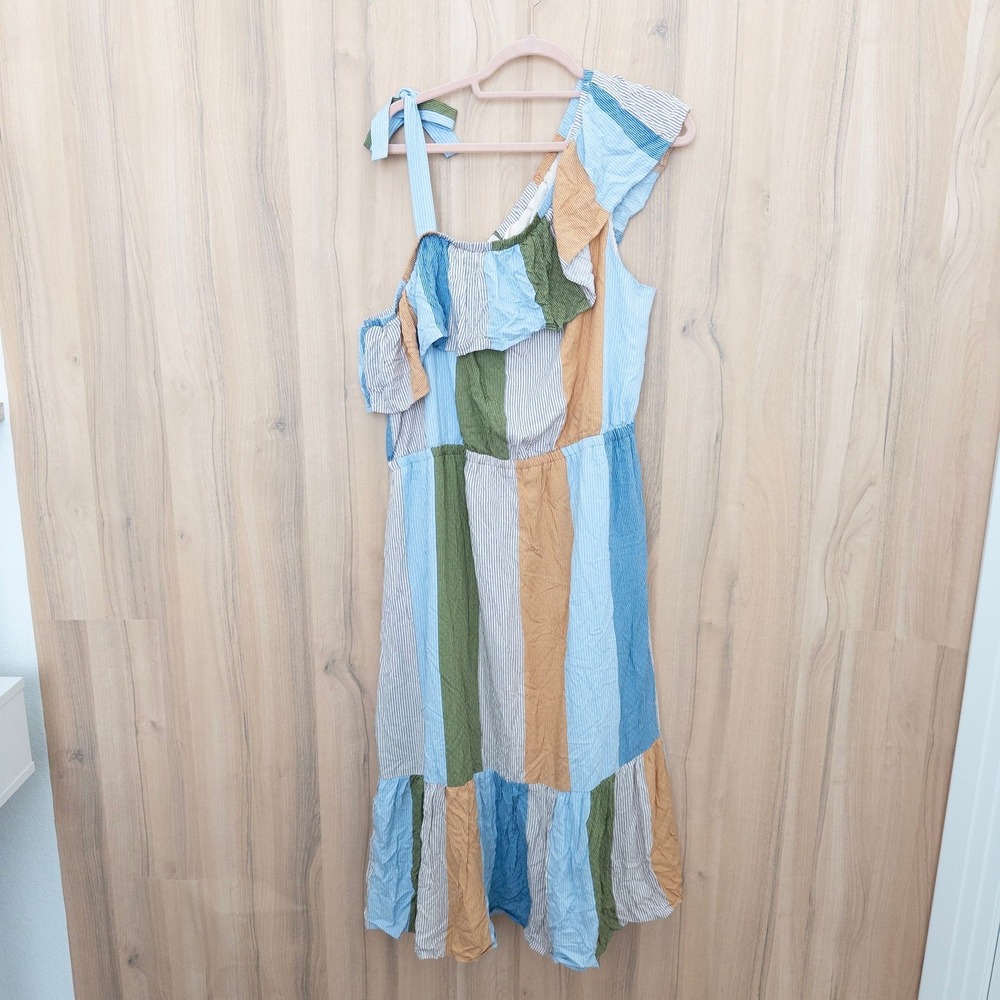 Lauren Conrad Tiered Maxi Dress XXL Stripe One Shoulder Cottage Coastal Boho - Picture 2 of 8